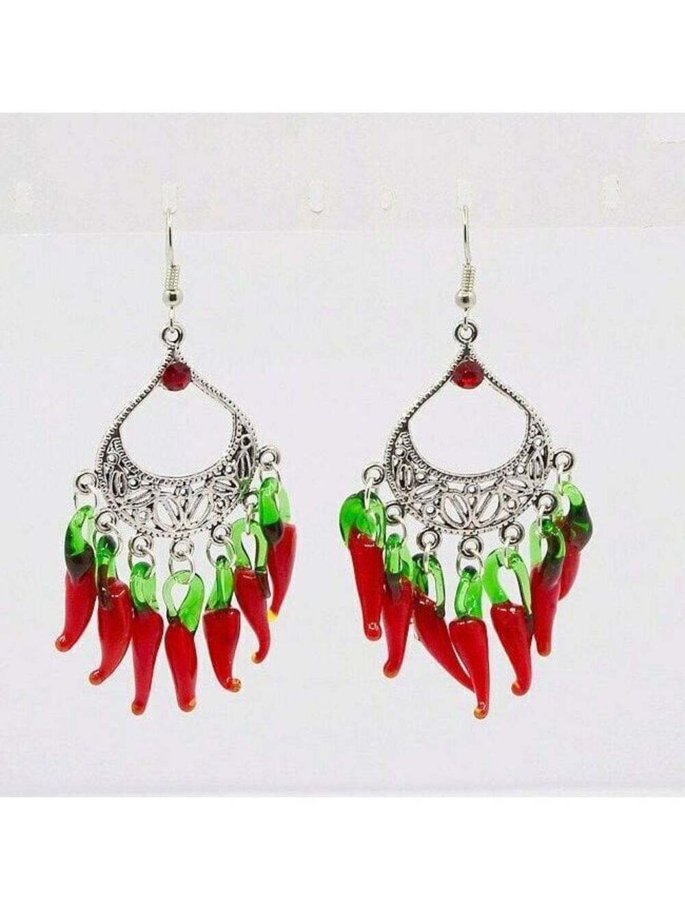 Murano Lampwork Glass Chili Pepper 70mm Long Chandelier Earrings